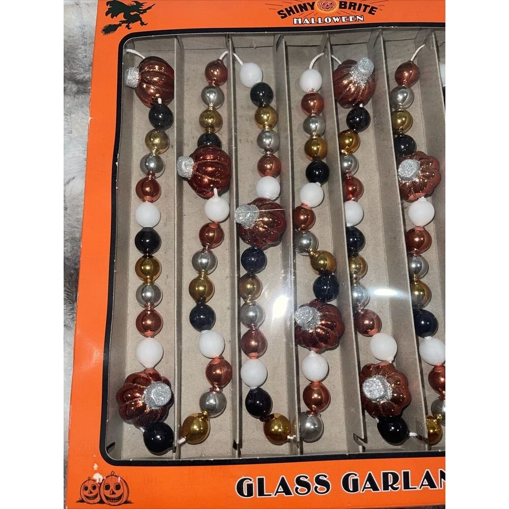 RADKO Shiny Brite GLASS GARLAND 7ft Pumpkin Halloween Black Orange Gold White